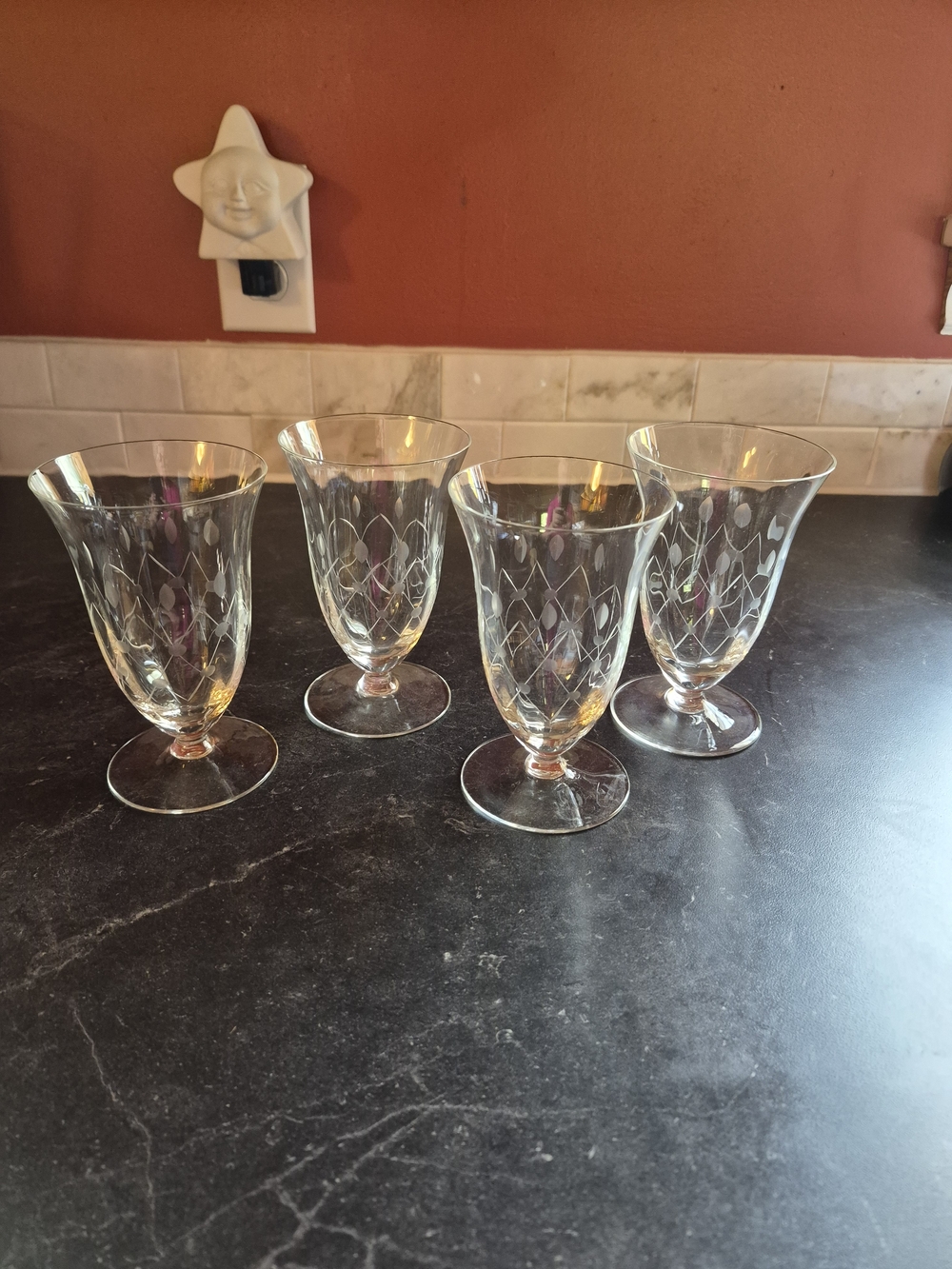 Vintage Etched Crystal Footed Iced Tea/Water Glaces- Set Of 4 Pristine